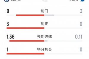 切尔西1-0布莱顿半场数据：射门9-3，射正3-0，控球率七三开